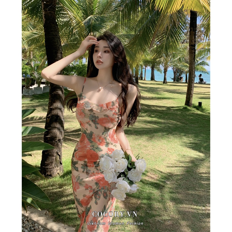 Cocory vn Đầm Nữ Hai Dây Phối Bèo In Hoa Thời Trang
