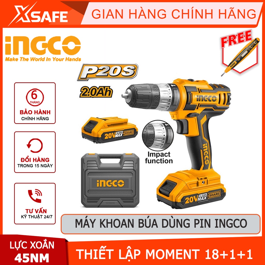 Máy khoan bê tông dùng pin 20V INGCO CIDLI200215 nhông hai tốc độ 400-1500v/p, lực đập 22500v/p, có đèn làm việc - xsafe