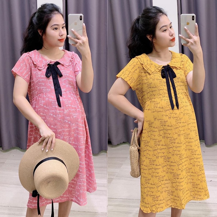 Váy bầu cổ bèo có nơ chất Lụa thái mềm mát - 𝐕𝟐𝟓