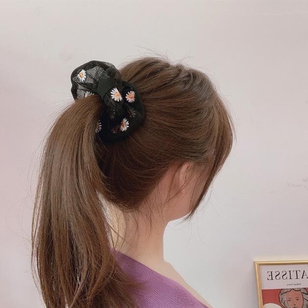 Dây buộc tóc Scrunchies thêu hoa cúc dạng lưới cho nữ cực xinh