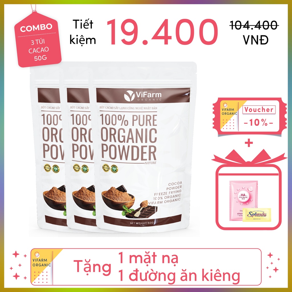 Bột cacao nguyên chất VIFARM 50gram, Bột không đường, hỗ trợ ăn kiêng, từ 100% cacao nguyên chất