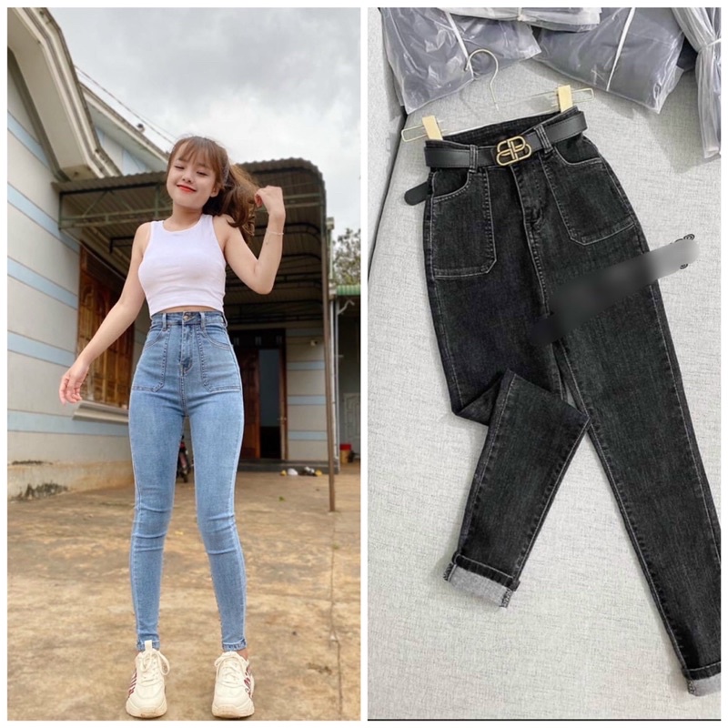 Quần jeans ôm body MÃ 55 lưng siêu cao nút kiểu, quần jean nữ, quần bò nữ lưng cao có túi - J20