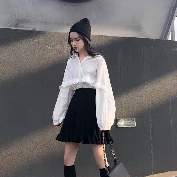Áo sơ mi dài tay nữ phối bèo cánh dơi trắng freesize vintage ulzzang đi học đi làm