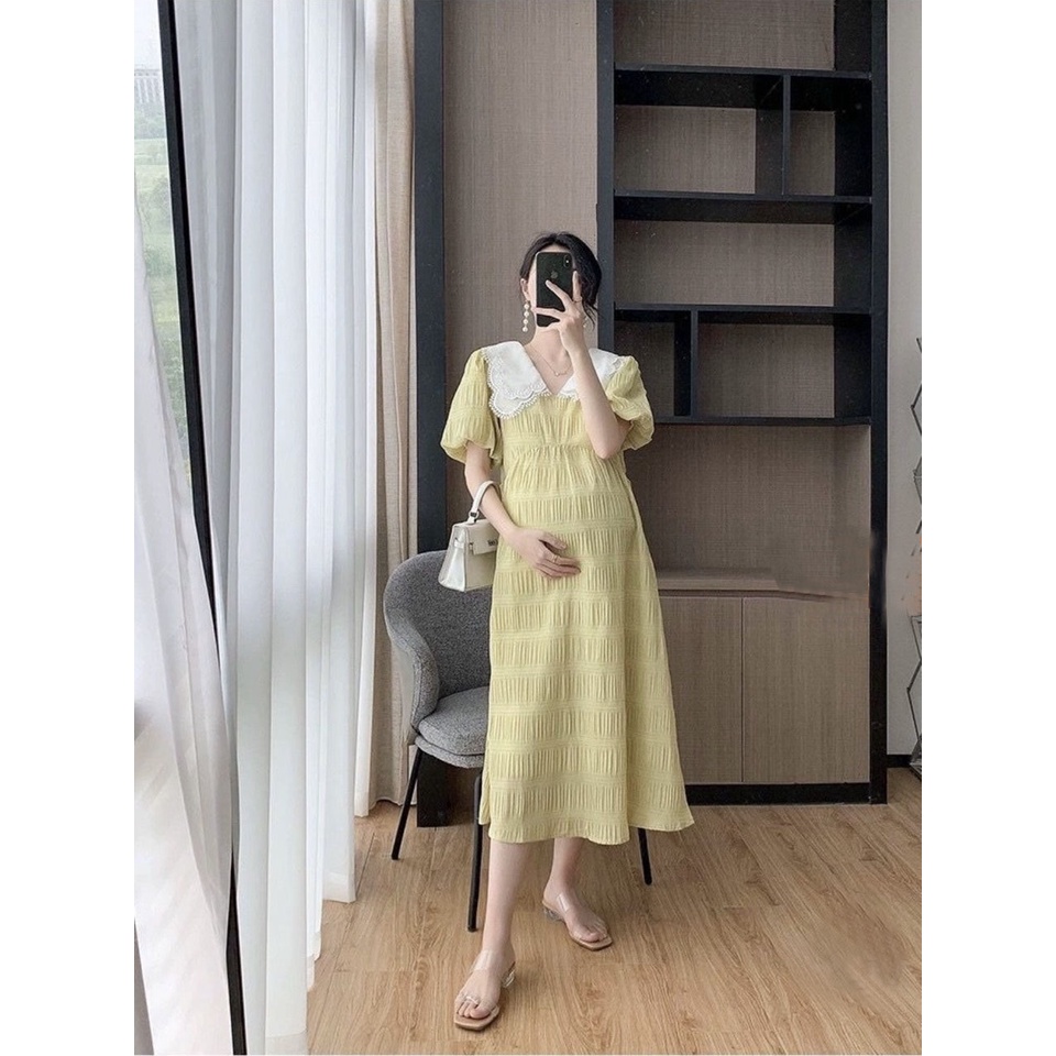 Váy đầm bầu cổ bèo thiết kế công sở, dự tiệc cho mẹ bầu phong cách hàn quốc sang trọng lịch sự mới mùa hè