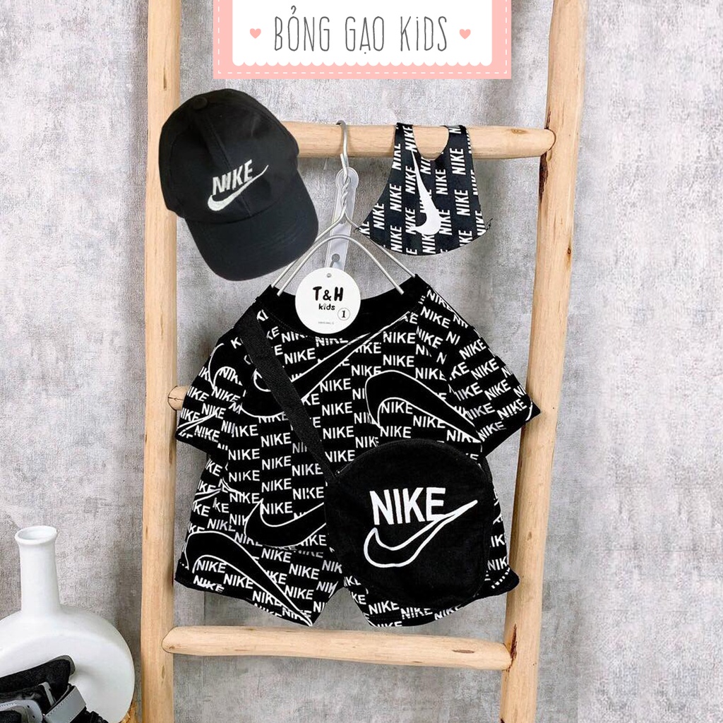 Set bộ 5 món quần áo phụ kiện trẻ em bé trai thể thao nike vải cotton màu đen nhiều size