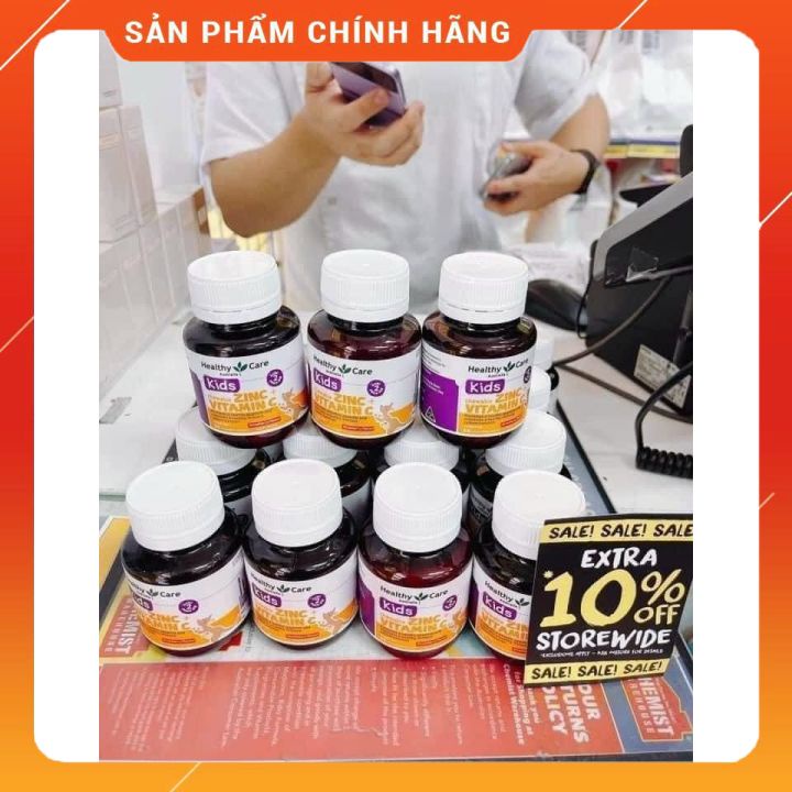 Viên nhai bố sung kẽm cho bé Healthy Care Zinc + Vitamin C của úc 60 cho trẻ từ 2 tuổi tăng đề kháng hiệu quả