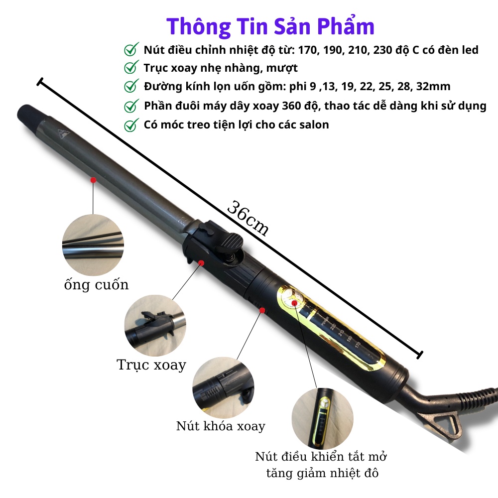 Máy uốn tóc xoăn Hàn Quốc  xoay trục 360 độ, máy làm tóc xoăn lọn to, nhỏ Chuyên nghiệp cho Salon, BH 12 tháng