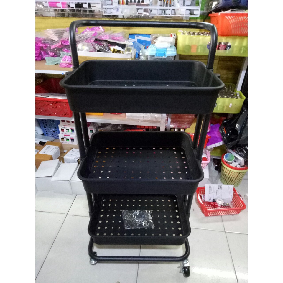 Xe đựng đồ đa năng nail, spa, mi 3 tầng di động có tay cầm bằng sắt bền đẹp, bánh xe đẩy chắc chắn