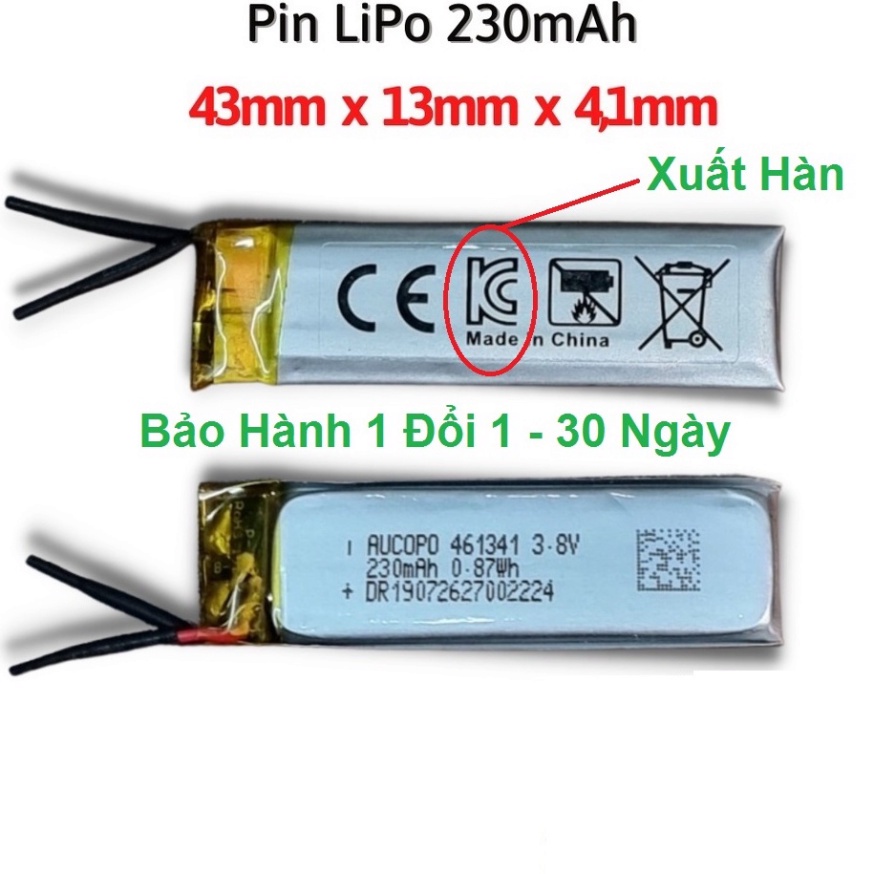 Pin LiPo 3.8v 230mAh Có Mạch Bảo Vệ 43x13x4.1MM Hãng AUCOPO Xuất Hàn chế pin headphone led - Shop Bảo Anh