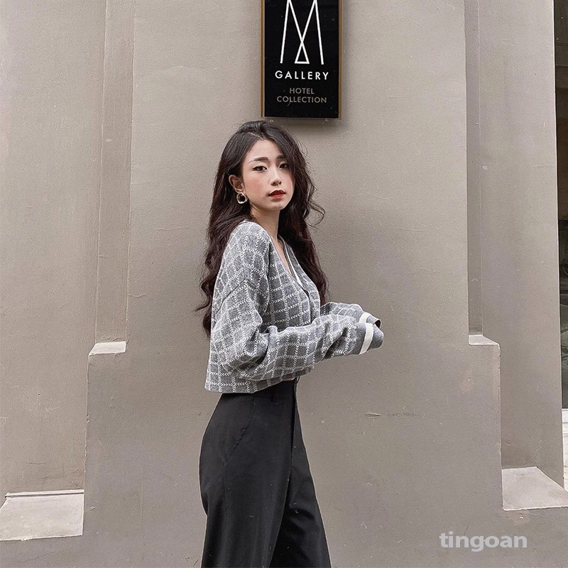 Áo khoác len xù croptop cardigan crop kẻ xám tingoan MISS BLING TOP/GR | BigBuy360 - bigbuy360.vn