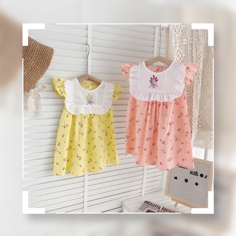 Váy hè cánh tiên cổ trắng váy nền màu hoa nhí cho bé 8-19kg (6 tháng -5tuổi)