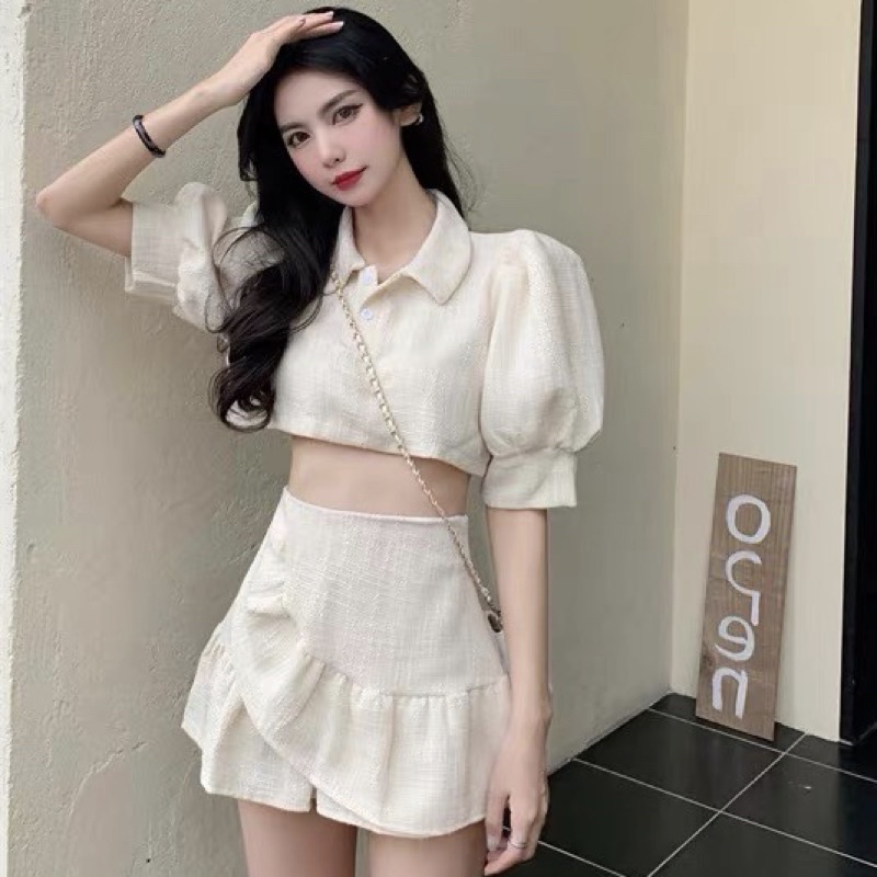 Set Áo Croptop Tay Phồng Cổ Bẻ POLO + Chân Váy Đắp Chéo Siêu Xinh