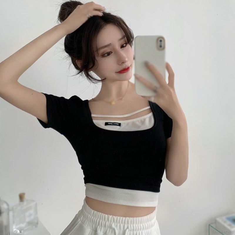 Áo Dệt Kim Ngắn Tay Cổ Vuông Hở Eo Gợi Cảm Cho Nữ