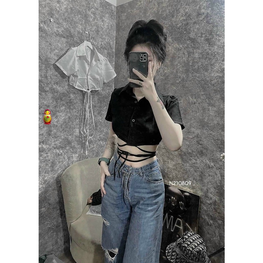 Áo sơ mi croptop quấn dây eo cực cá tính , chất kate mềm mát