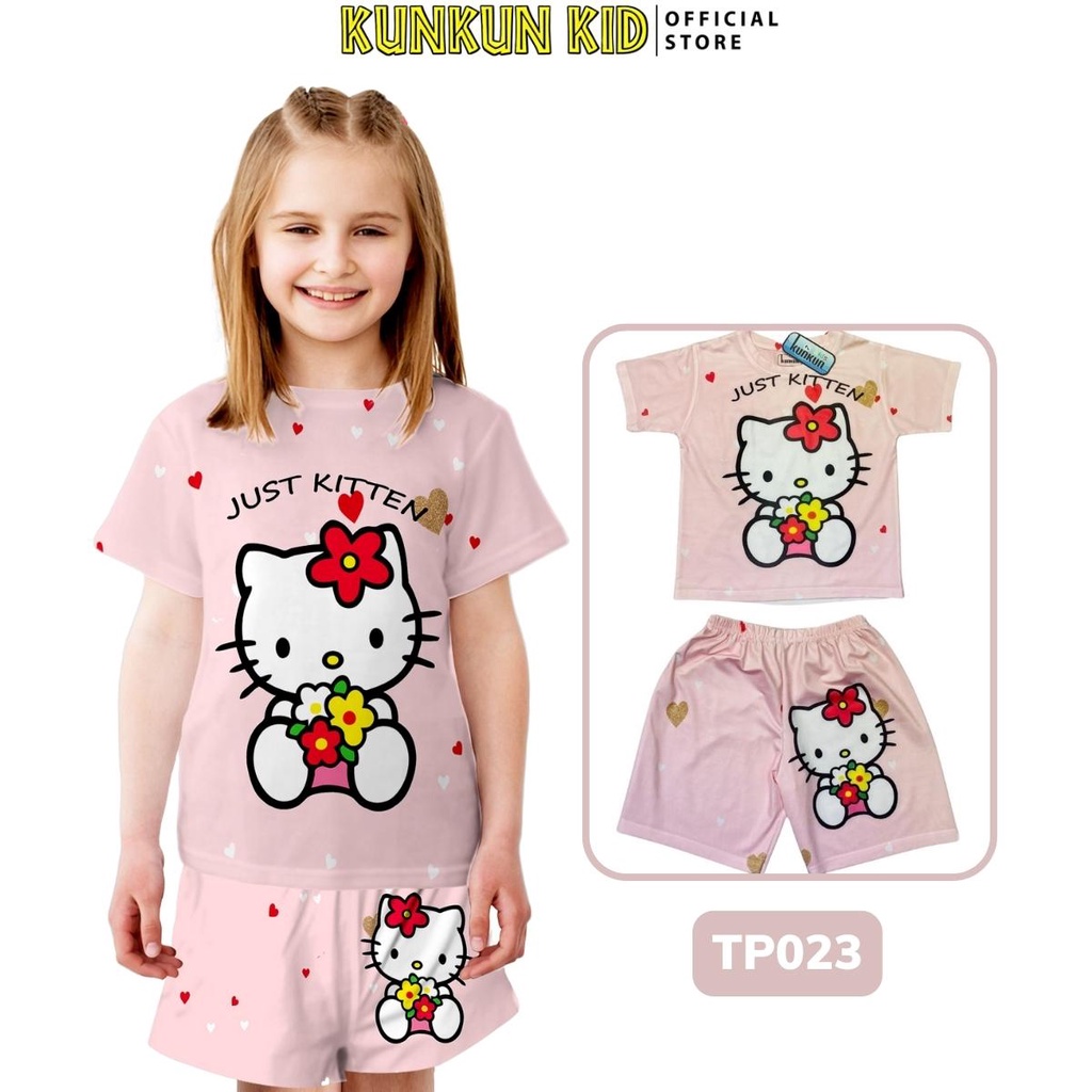 Quần áo bé gái  ngắn tay in 3D hình hello kitty size đại 10-60kg Kunkun Kid TP023 thun lạnh thoáng mát