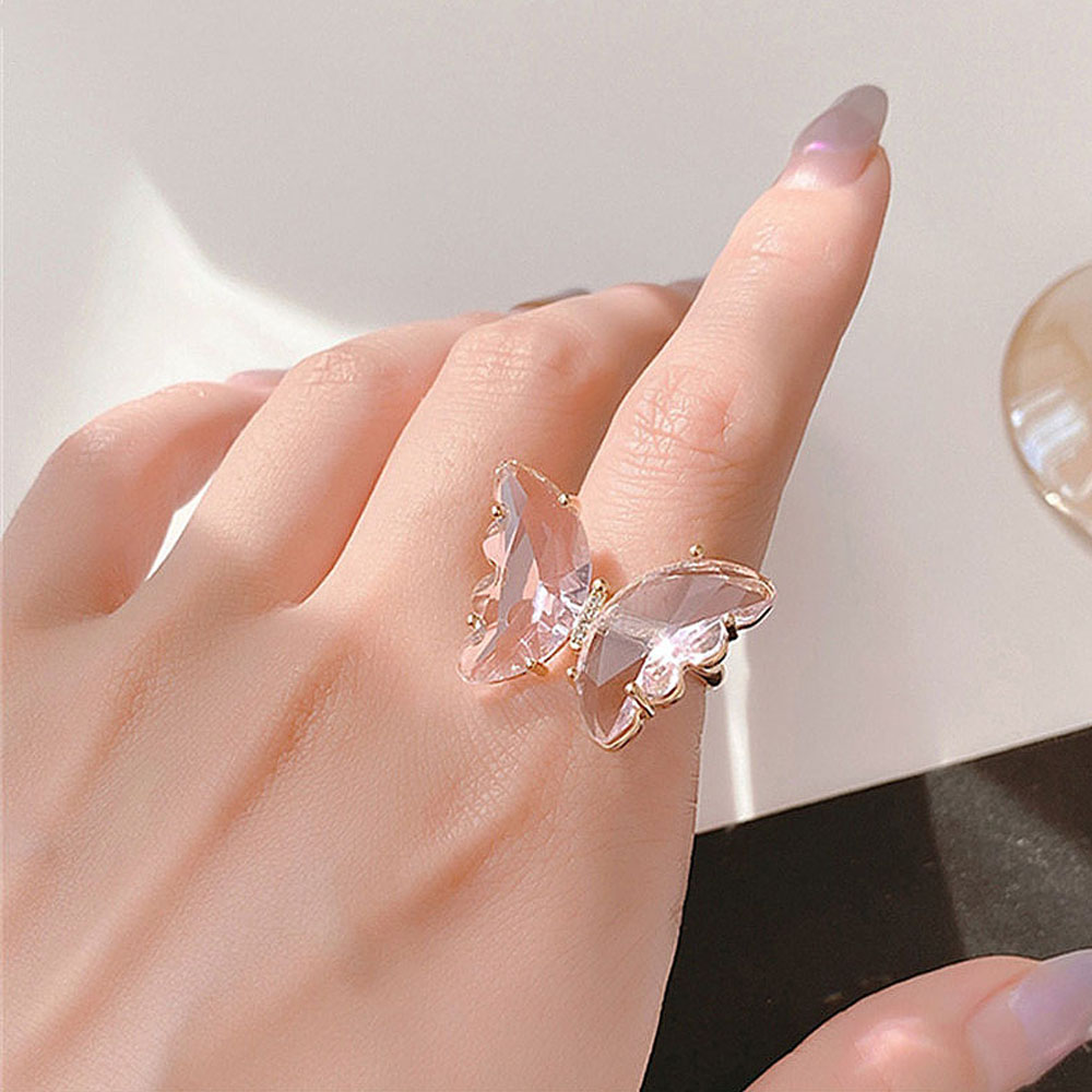 ALLGOODS Shiny Butterfly Finger Ring Elegant Jewelry Open Ring Simple Style Transparent Colorful Candy Color Fashion Acrylic Gift For Women light purple/transparent/pink