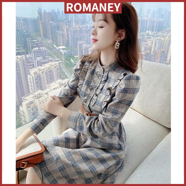 Đầm Midi Dáng Chữ A Tay Dài Cổ Đứng Kẻ Sọc Ca Rô Thiết Kế Ngọt Ngào Cho Nữ