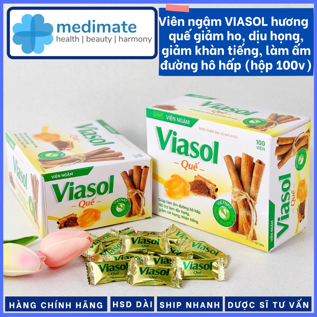 Viên ngậm VIASOL hương quế giảm ho, dịu họng, giảm khàn tiếng, làm ấm đường hô hấp
