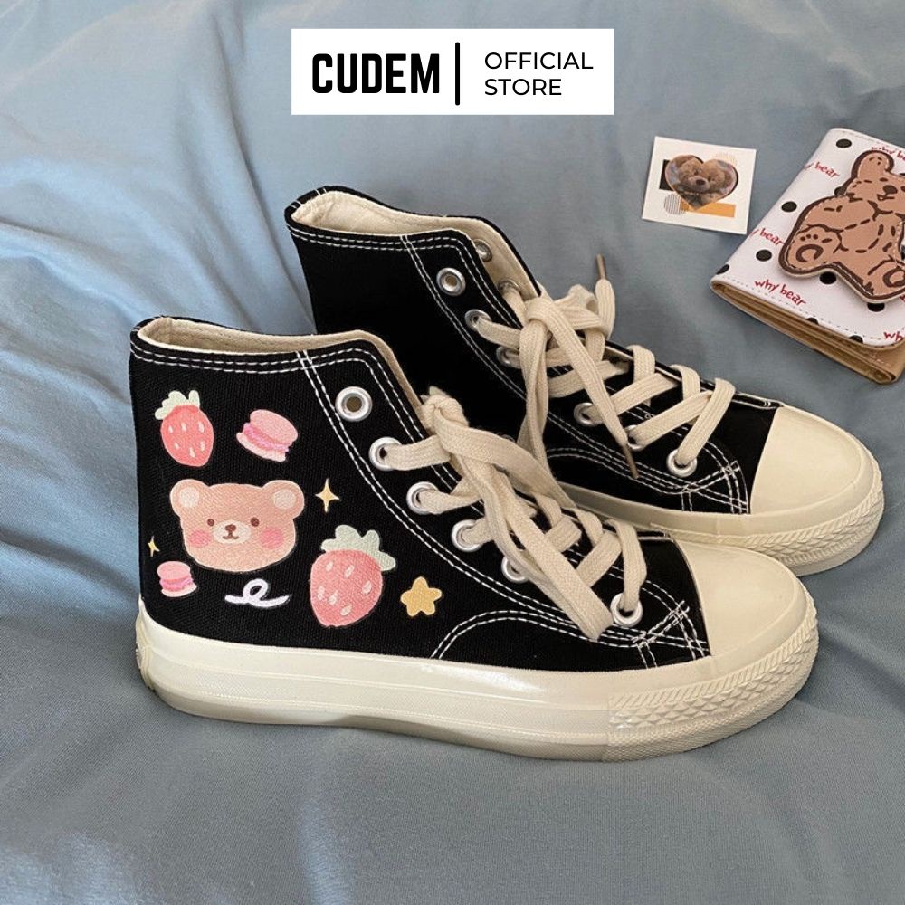 Giày thể thao nữ cổ cao in hình gấu xinh xắn ( Kiểu dáng giày sneaker convers cổ cao ) | BigBuy360 - bigbuy360.vn