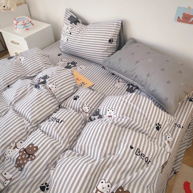 Bộ Chăn Ga Gối ❤️ Cotton living 100% cao cấp đủ size đệm ga giường họa tiết gấu đáng yêu phong cách Hàn Quốc chính hãng