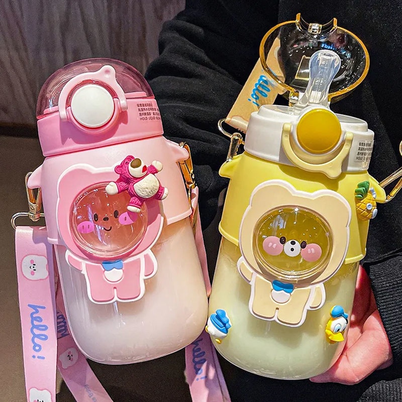 Bình Nước Bằng Nhựa Chịu Nhiệt Cao Kèm Ống Hút Dễ Thương Dành Cho Bé Gái