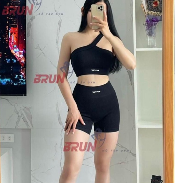 Bộ đồ tập gym yoga thể thao nữ, set quần đùi áo bra lệch vai dệt kim quảng châu cao cấp Bin Sports BN080