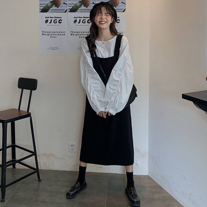 SV006 Bộ yếm kaki đen và áo sơ mi trắng tay bồng tiểu thư nữ tính, bộ váy hai dây dài suông và áo chất đũi cute babydoll | BigBuy360 - bigbuy360.vn