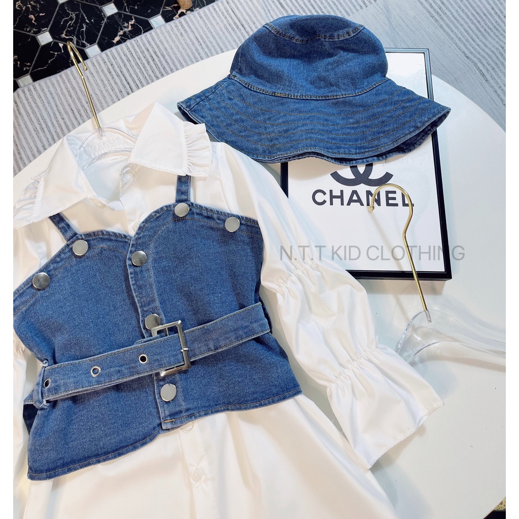 Váy cho bé gái, set 4ct: váy sơ mi, yếm jean, đai và mũ vành siêu chảnh cho bé size 10-32kg