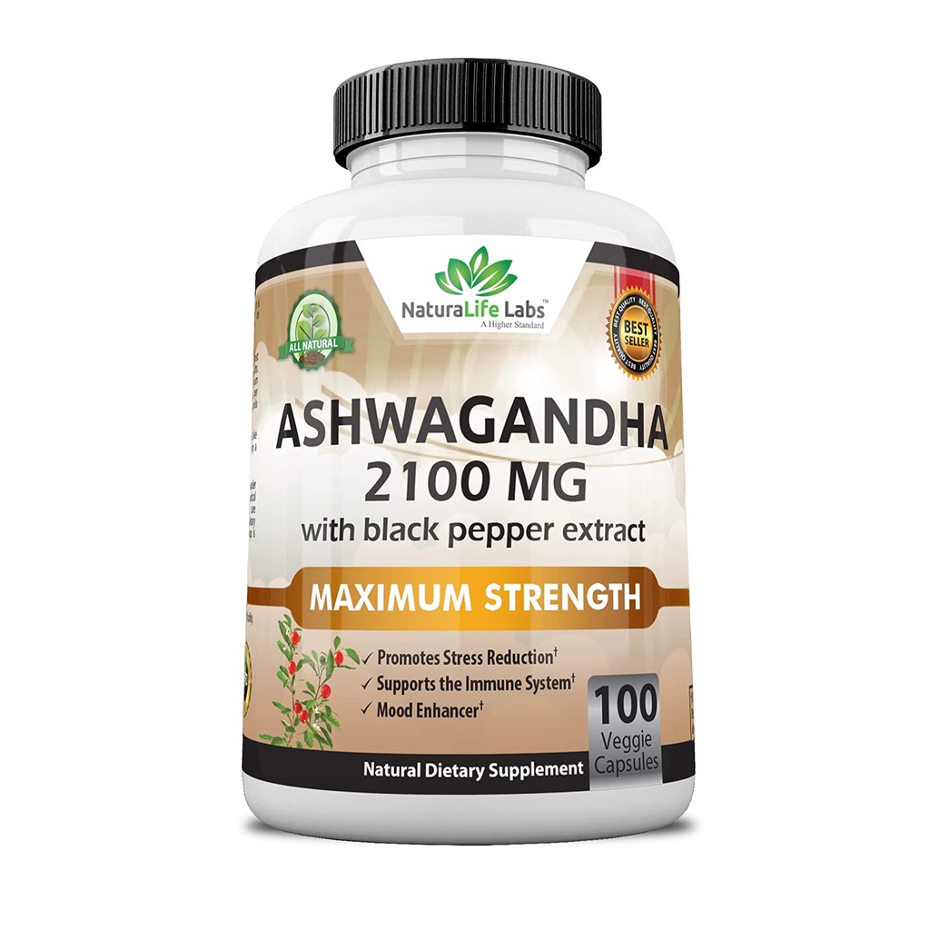 NaturaLife Labs Viên uống Ashwagandha hữu cơ 2100mg với tiêu đen giúp giảm căng thẳng, lo âu, hỗ trợ tuyến giáp 100 viên