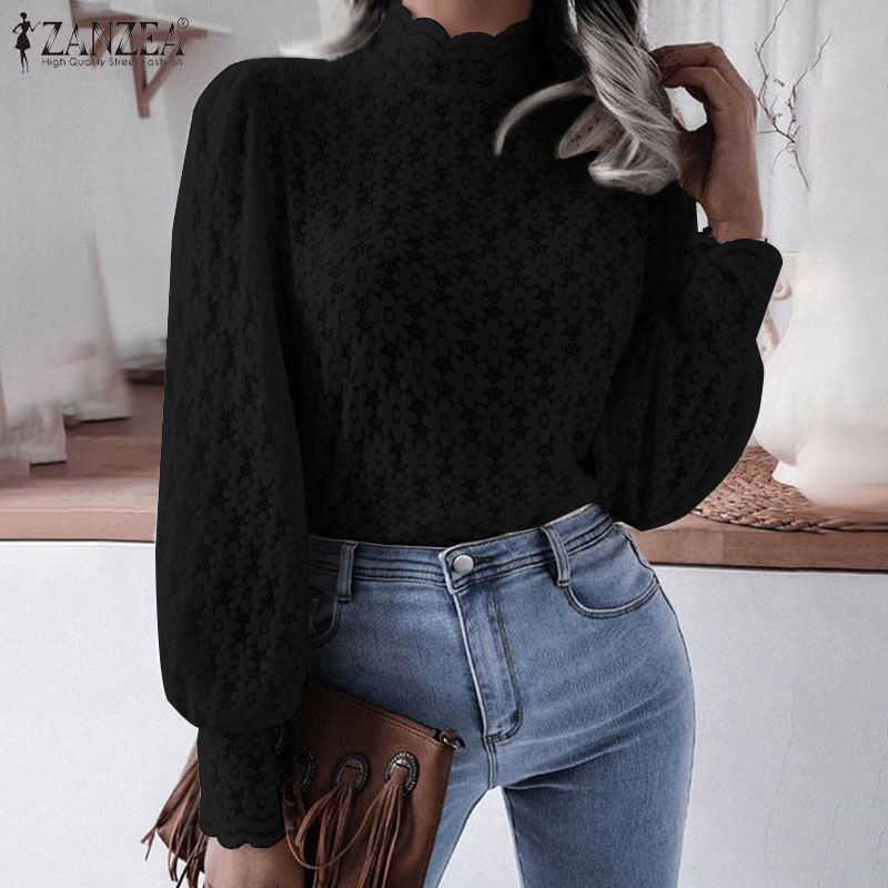 Áo kiểu ZANZEA cổ cao tay phồng họa tiết ren hoa thời trang dành cho nữ