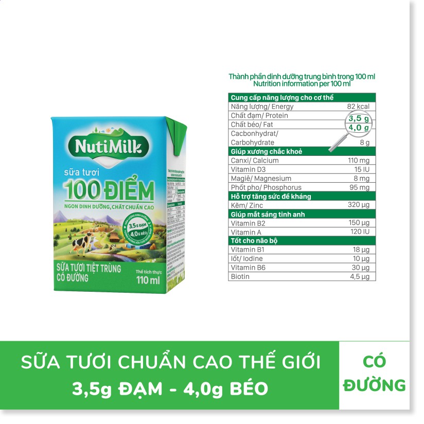 NutiMilk Sữa tươi 100 điểm - Sữa tươi tiệt trùng Có đường 110ml STCD110CRN - Thương Hiệu NUTIFOOD - THIVI