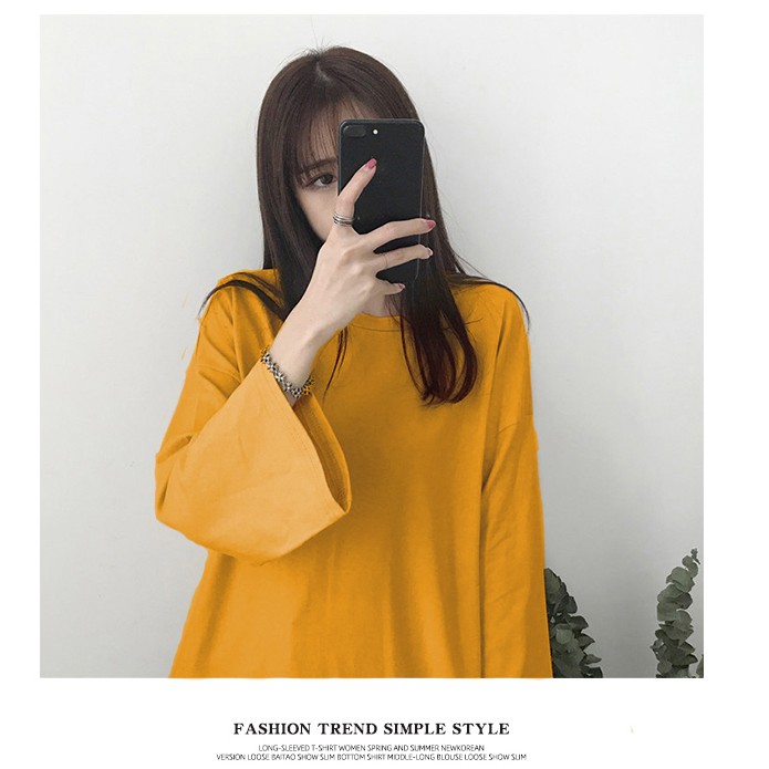 SUXI Áo thun cổ tròn màu trơn dáng rộng cỡ lớn thời trang nữ phong cách Hàn Quốc