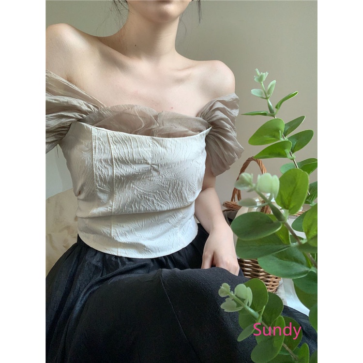 Áo Kiểu Trễ Vai Phối Lưới Thời Trang Mùa Hè Phong Cách Vintage Cho Nữ