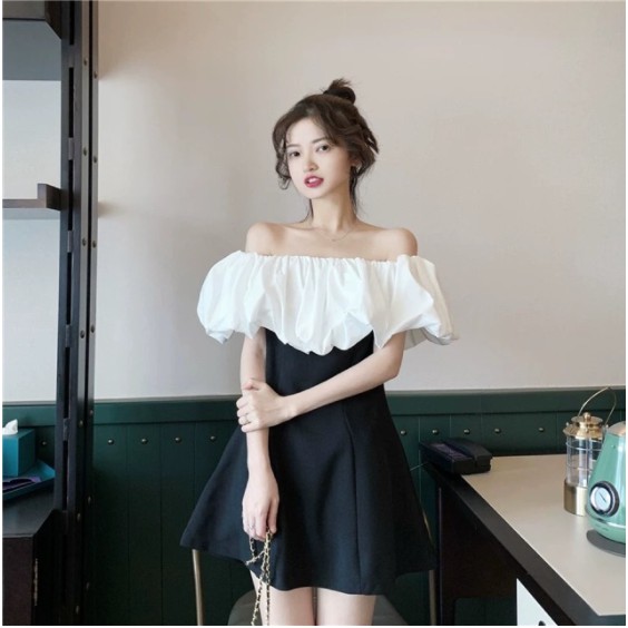 💃 Đầm Nữ Trễ Vai Phối Màu Váy Nữ Dáng Ngắn Chất Đũi