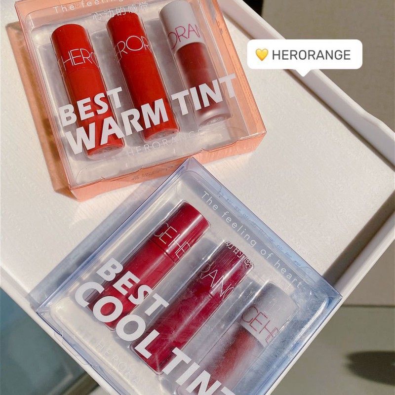 Set Son Kem Lì HERORANGE BEST TINT COOL & WARM 2 Tone Màu Ấm Lạnh Siêu Hot / (Hàng Mới Về) Bộ 3 Son Môi Mini Dưỡng Ẩm Lâu Trôi Màu Sắc Quyến Rũ Thương Hiệu Herorange