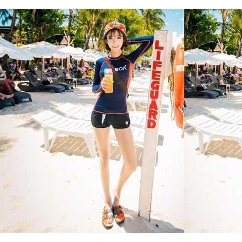Bikini, Bộ Đồ bơi nữ áo tắm hai mảnh dài tay balboa chất thun lạnh hàn quốc quần đùi cạp cao che bụng kín đáo cho phụ nữ