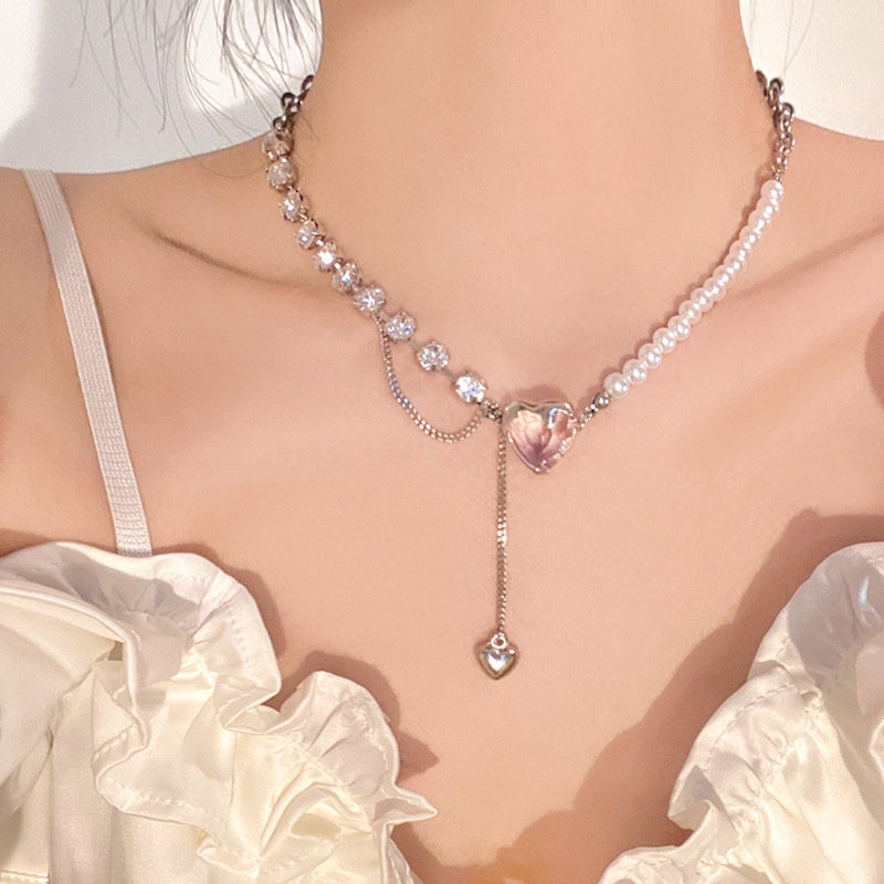 Vòng Cổ Choker Hình Trái Tim Đính Đá Pha Lê Hồng Thời Trang