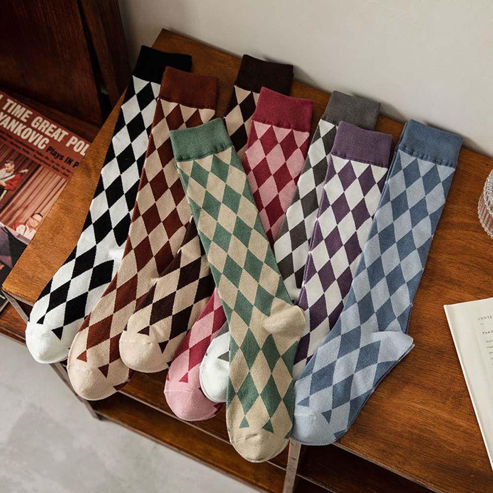 AROMA Tất Cotton Họa Tiết Hình Thoi Dễ Thương Giữ Ấm Cho Nữ