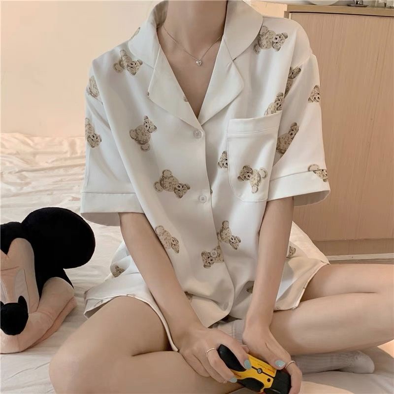 Bộ Đồ Ngủ Tay Ngắn Dáng Rộng In Hình Gấu Dễ Thương Phong Cách Nhật Bản Cho Nữ