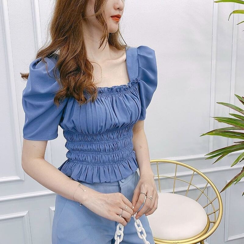 Áo cổ vuông tay bồng chun nhún eo nhiều màu