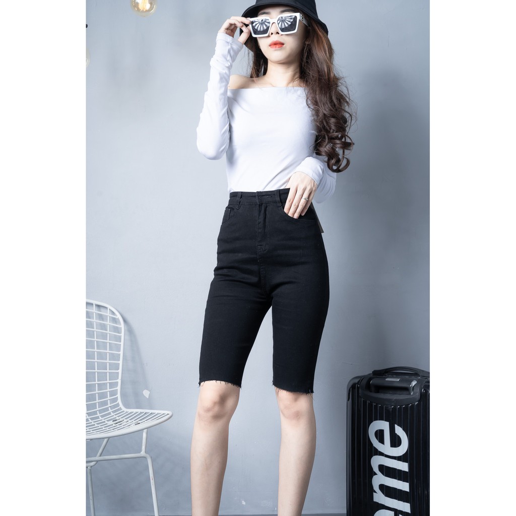 Quần Jean Nữ Ngố Cạp Cao Co Giãn Trơn Basic Đen Xanh