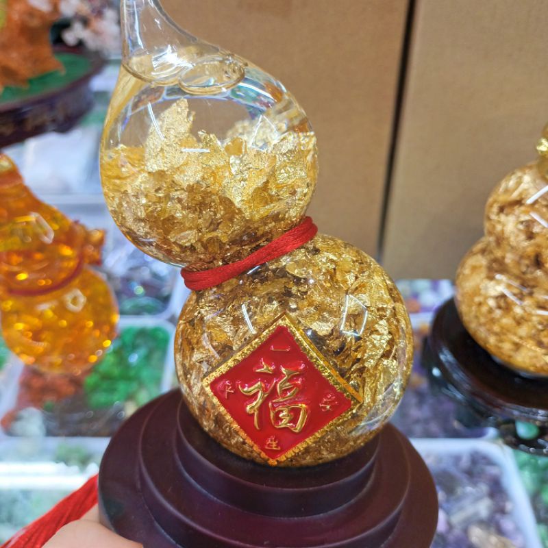 Bầu hồ lô đá  pha lê lưu ly nước ngải dát lá vàng cầu sưc khoe,tài lộc, may mắn