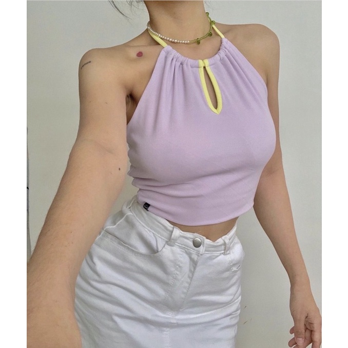 Áo croptop cổ yếm thắt nơ kiểu MIDI chất gân tăm phối màu cực xinh