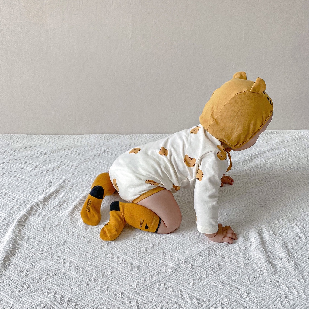 Bodysuit cho bé trai bé gái dài tay hình hổ nhỏ kèm mũ chất cotton 100% size 3-12kg TE22