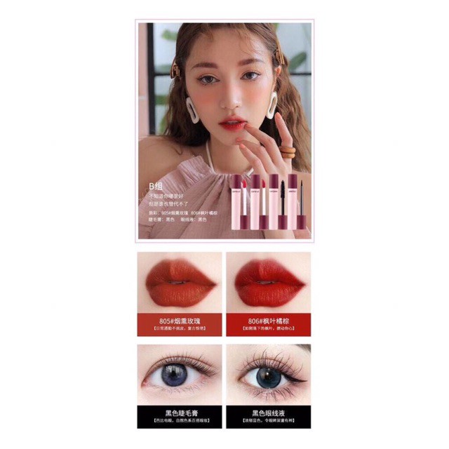 Set trang điểm 4 món hengfang : kẻ mắt nước, mascara,2 son kem lì mỹ phẩm nội địa trung