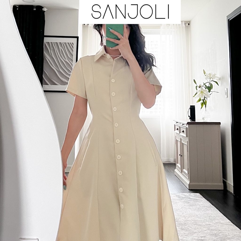 Váy sơ mi maxi Sanjoli dáng dài xòe tay ngắn có hàng nút phong cách hàn quốc vintage VD033