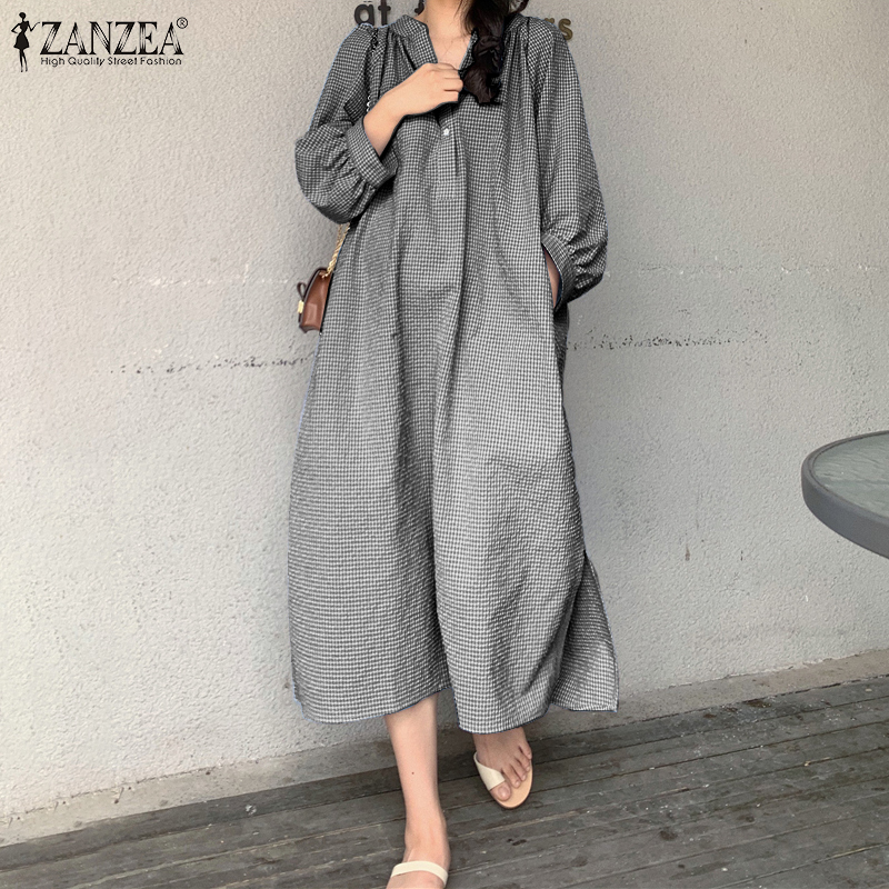 Đầm ZANZEA Dáng Dài Tay Lửng Cổ Chữ V Họa Tiết Caro Thời Trang Dành Cho Nữ | BigBuy360 - bigbuy360.vn