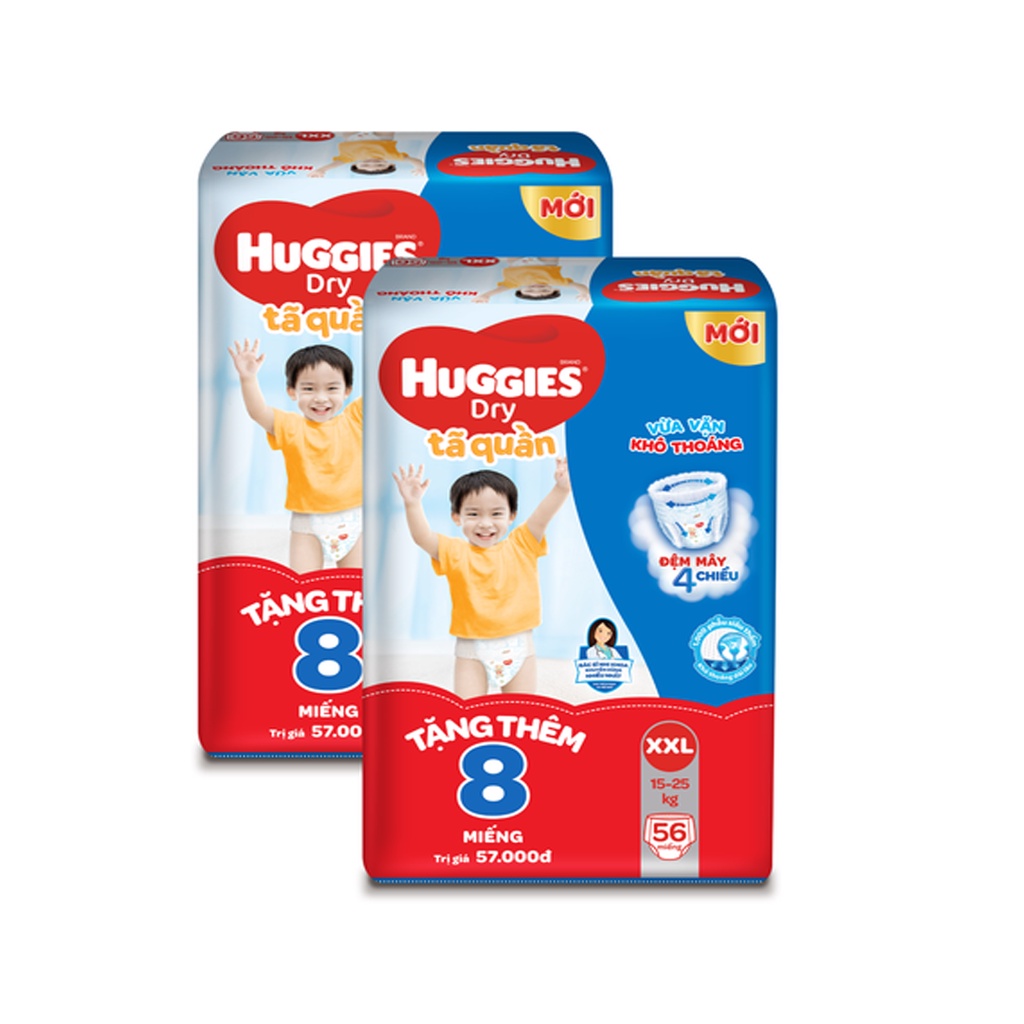 Combo 2 Tã/Bỉm Quần Huggies M74/L68/XL62/XXL56 mẫu đệm mây 4 chiều tặng 16 miếng