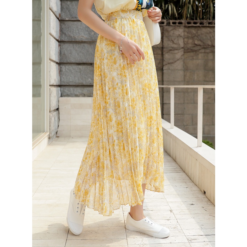 Chân váy dài xếp ly xòe dài chữ a công sở bút chì đẹp midi nhà Yu phong cách Hàn Quốc màu vàng họa tiết hoa mã 00018C