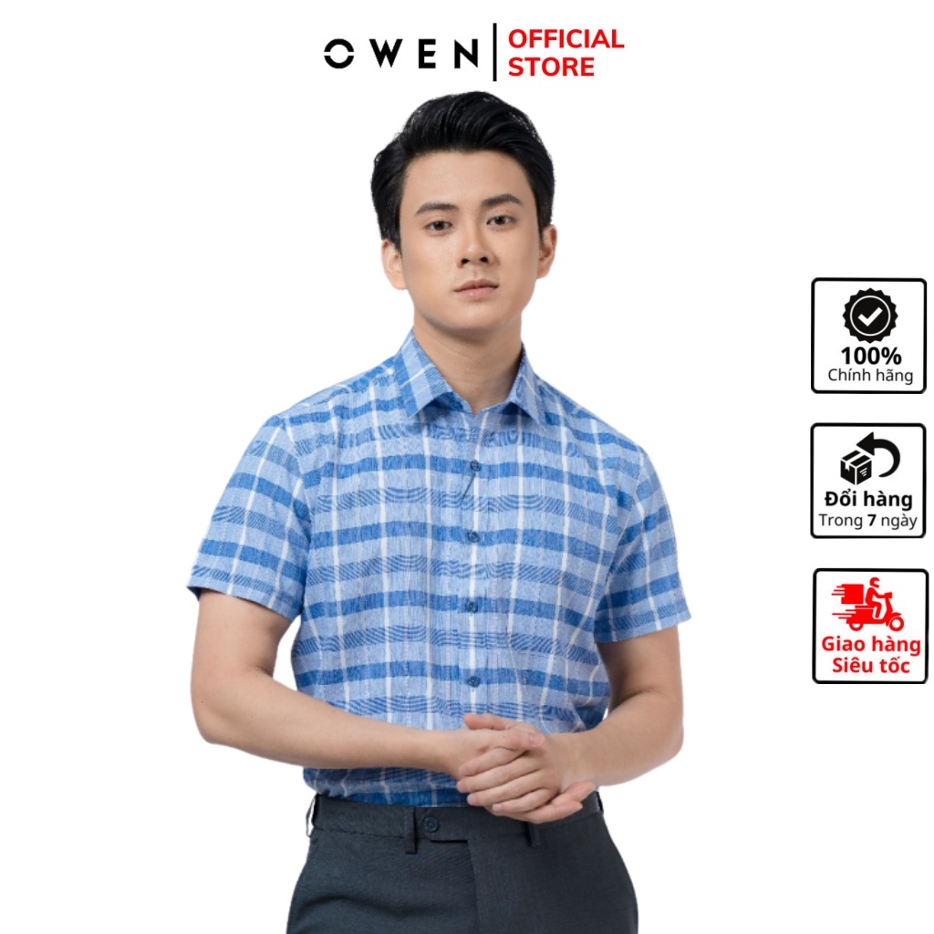 Áo sơ mi nam ngắn tay OWEN BA220113NT công sở vải sợi café cao cấp màu kẻ caro xanh navy trắng dáng suông tà bằng có túi